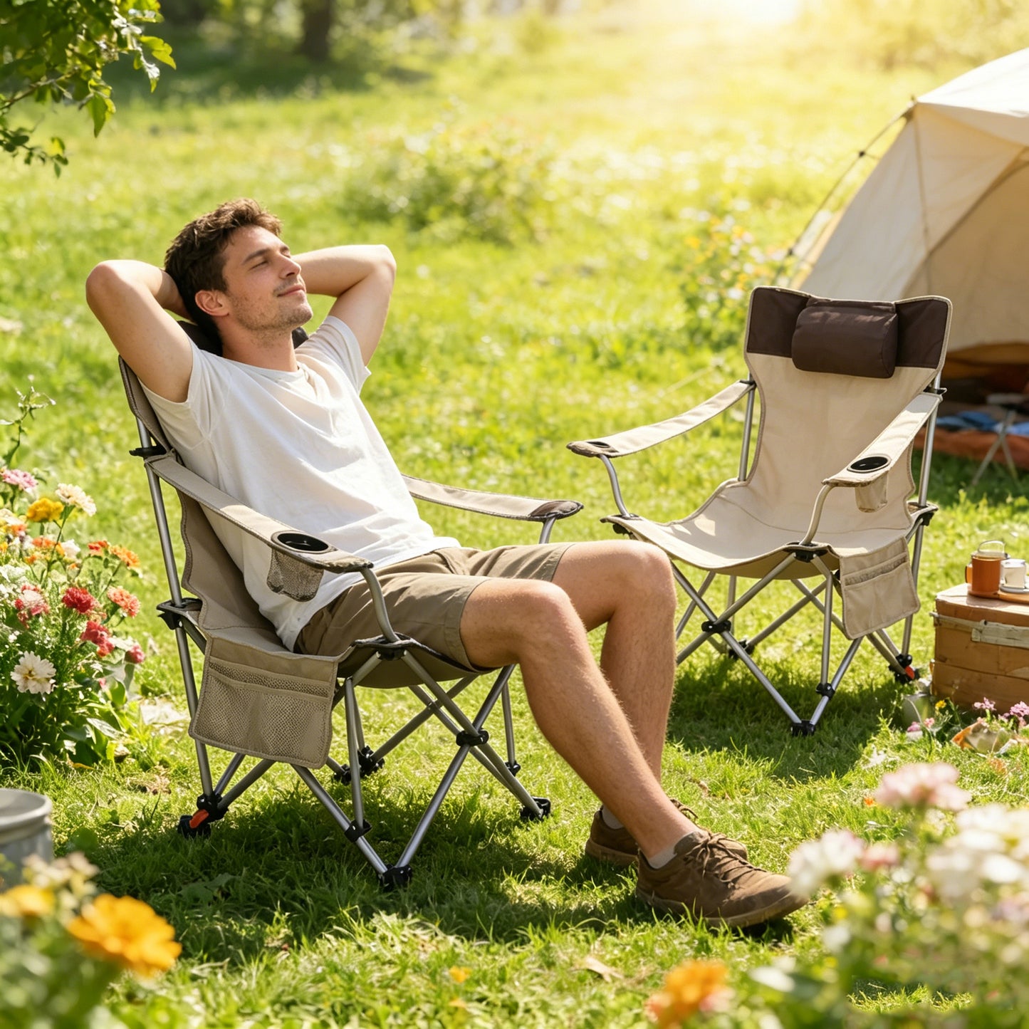 Folding Camping Chairs - Portable Adjustable Reclining with Cup Holder