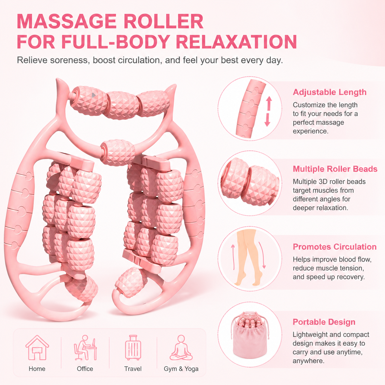 20-Roller Leg Massager for Deep Tissue Relief - Pink