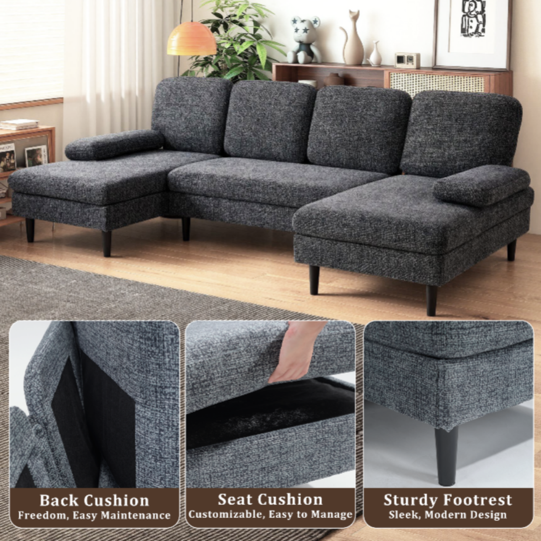U-Shaped Sectional Sofa - Dark Grey Chenille Fabric, 4-Seater