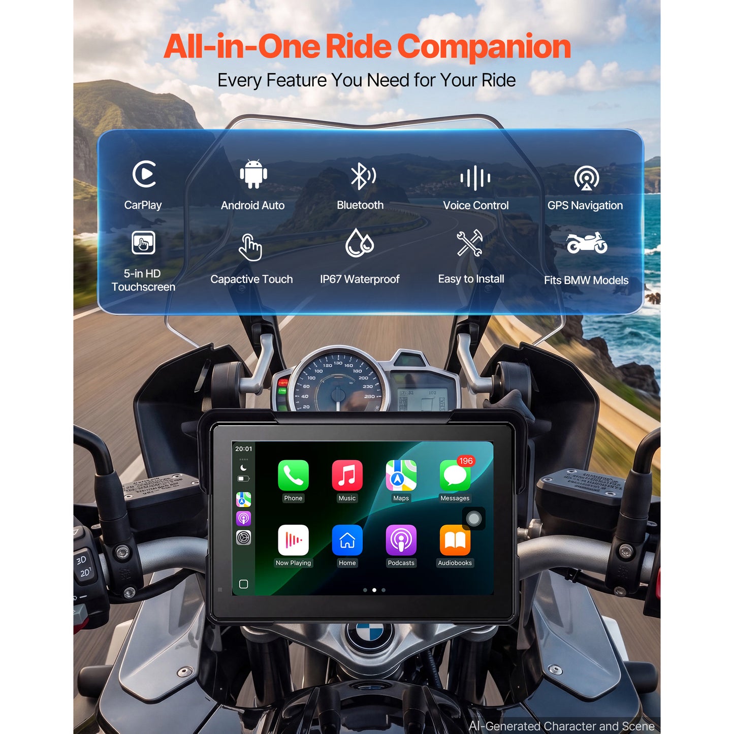 7 Inch Wireless Motorcycle Carplay System with Touchscreen GPS & Bluetooth