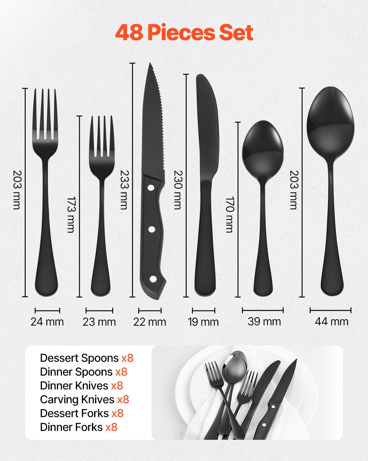 48-Piece Stainless Steel Flatware Set for 8 - Black