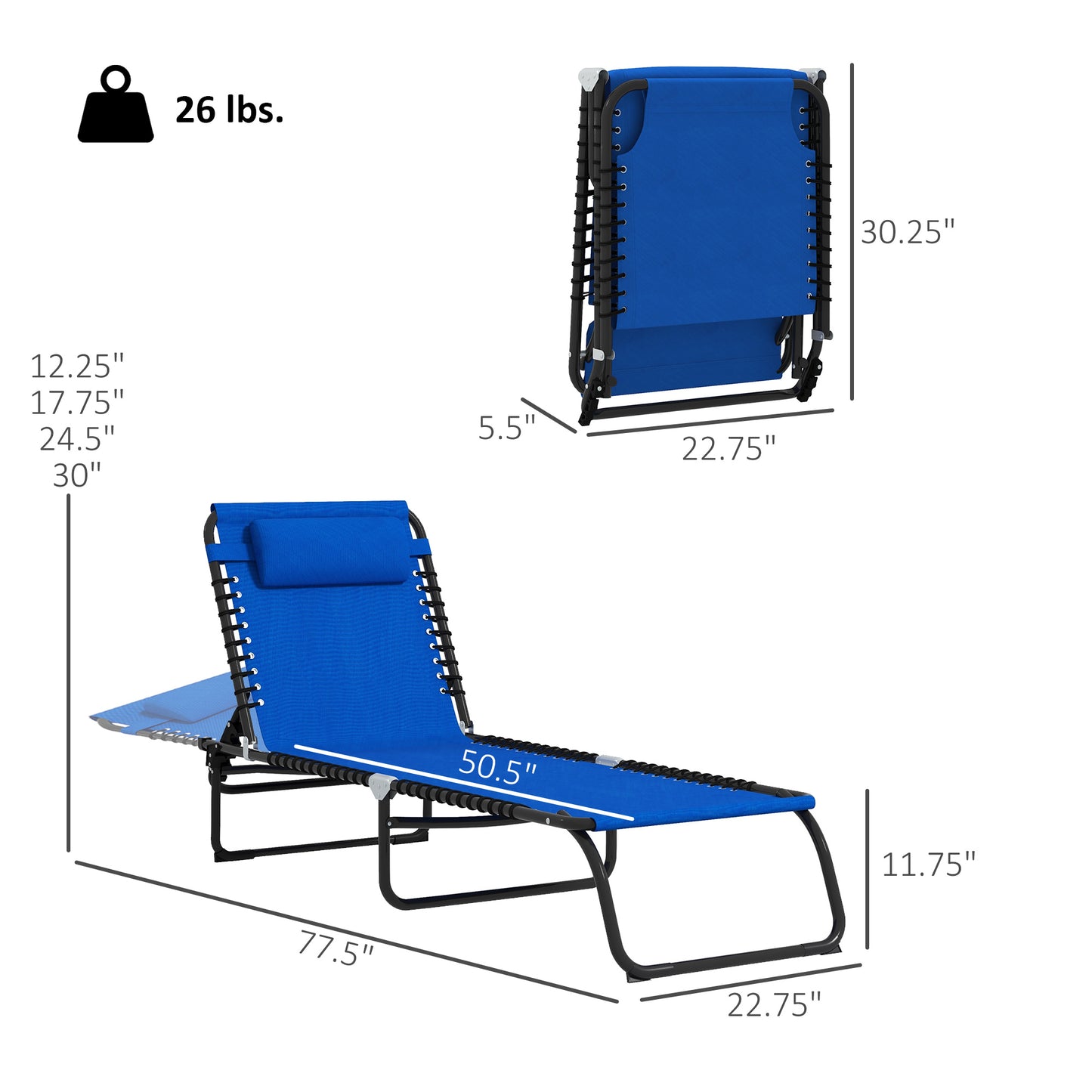 2 Folding Chaise Lounge Pool Chairs with 4-Position Recline - Blue