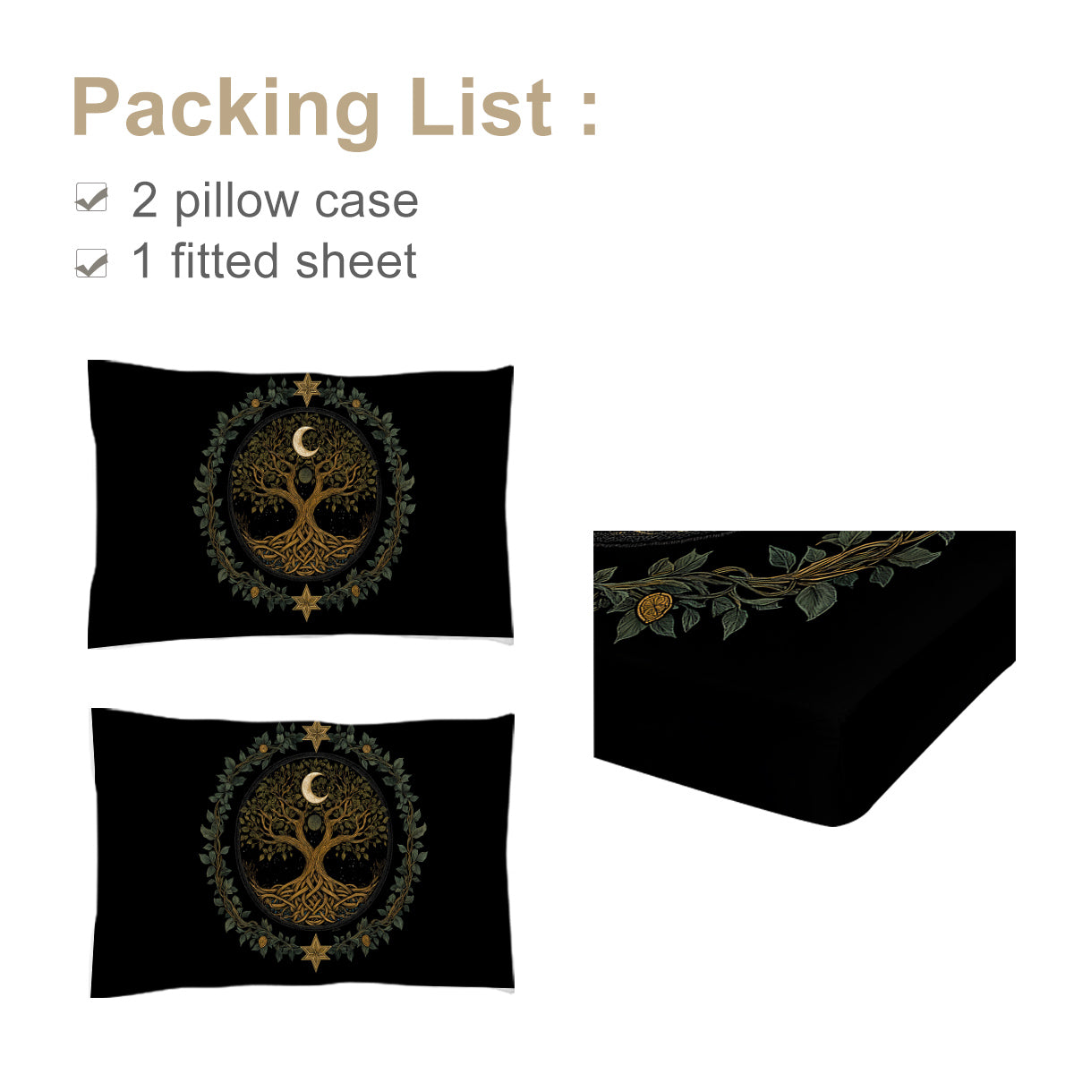 Tree of Life Minimalist Bedding Set - Fitted Sheet & 2 Pillowcases