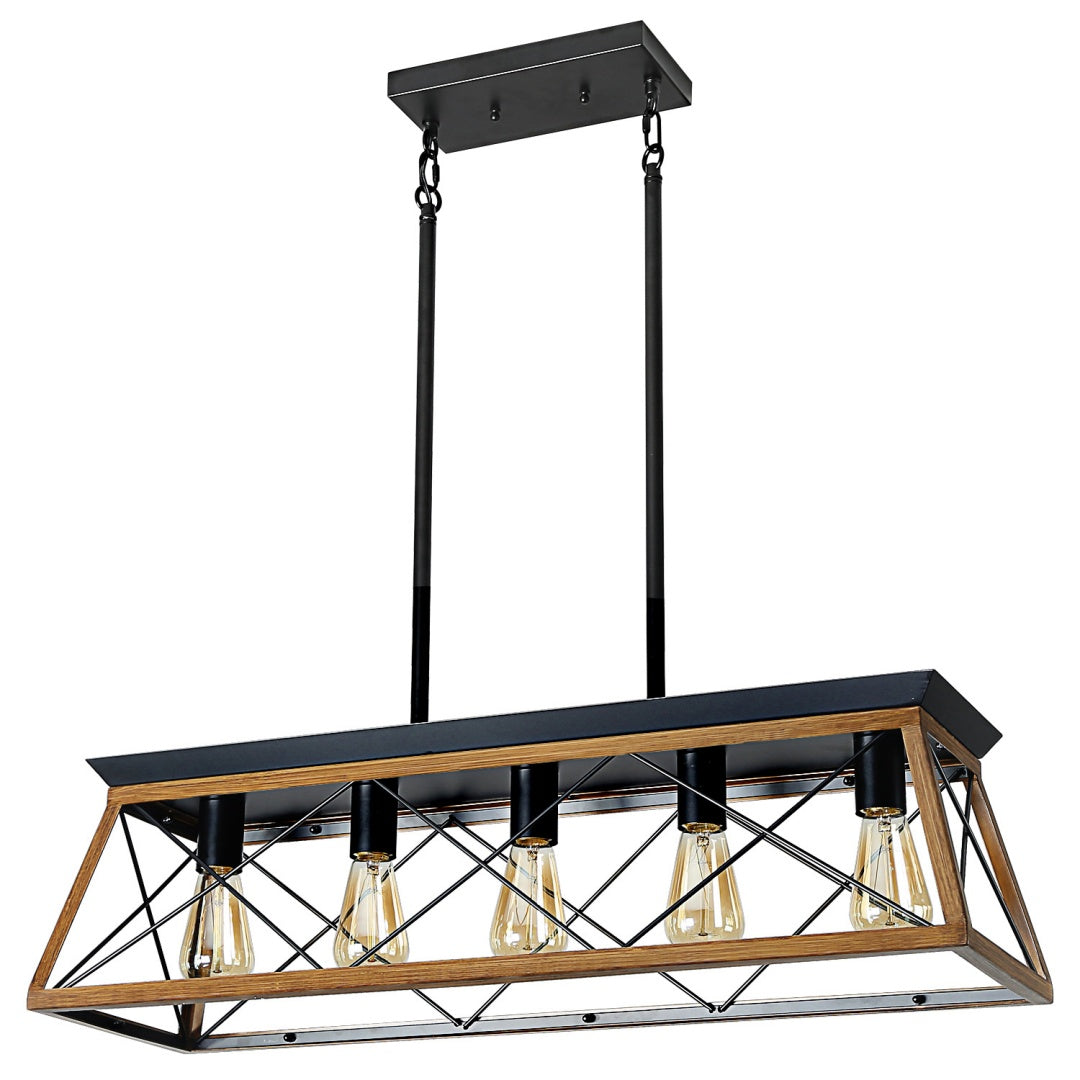 32-Inch Walnut Industrial 5-Light Pendant Chandelier - Adjustable