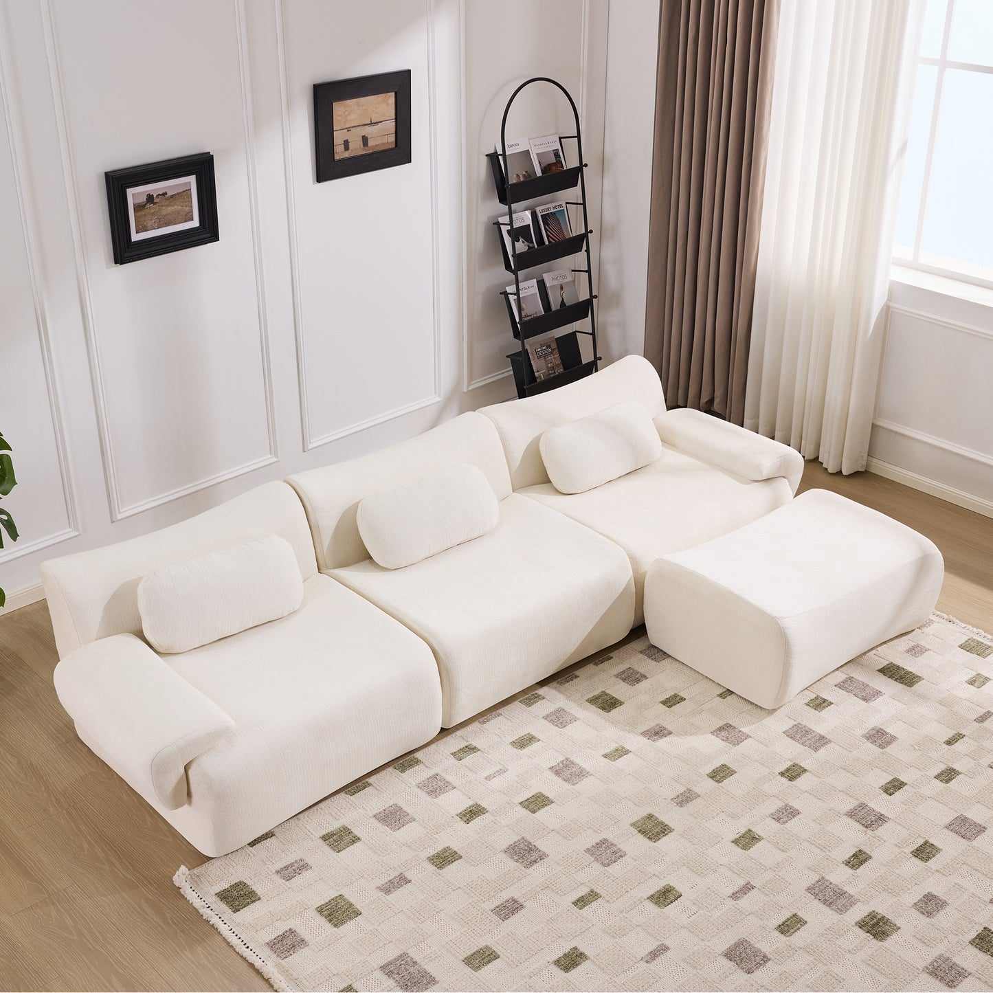 Modular Bamboo Joint Armchair - Extra-Large Chenille Sofa with 3 Pillows - White