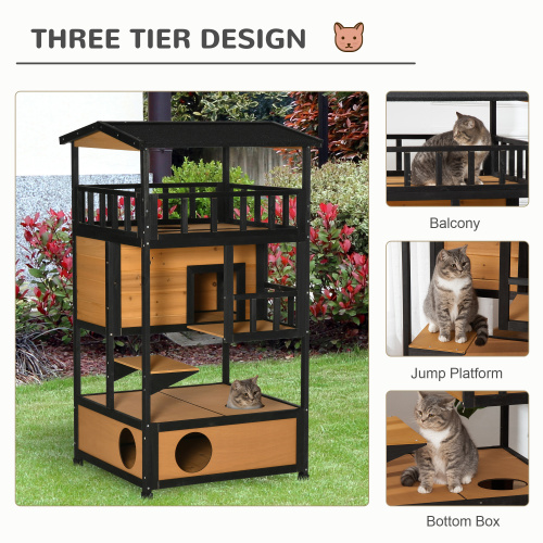 Wooden Outdoor Cat House with Play Platforms and Escape Door - Yellow