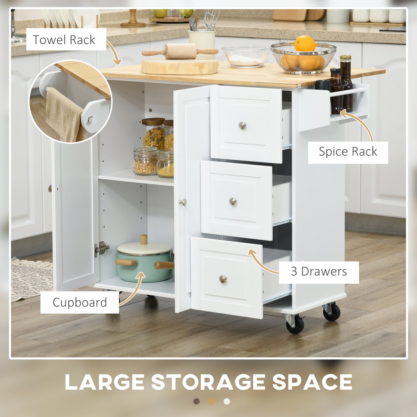 Kitchen Island with Drop Leaf, Rolling Cart on Wheels 3 Drawers,