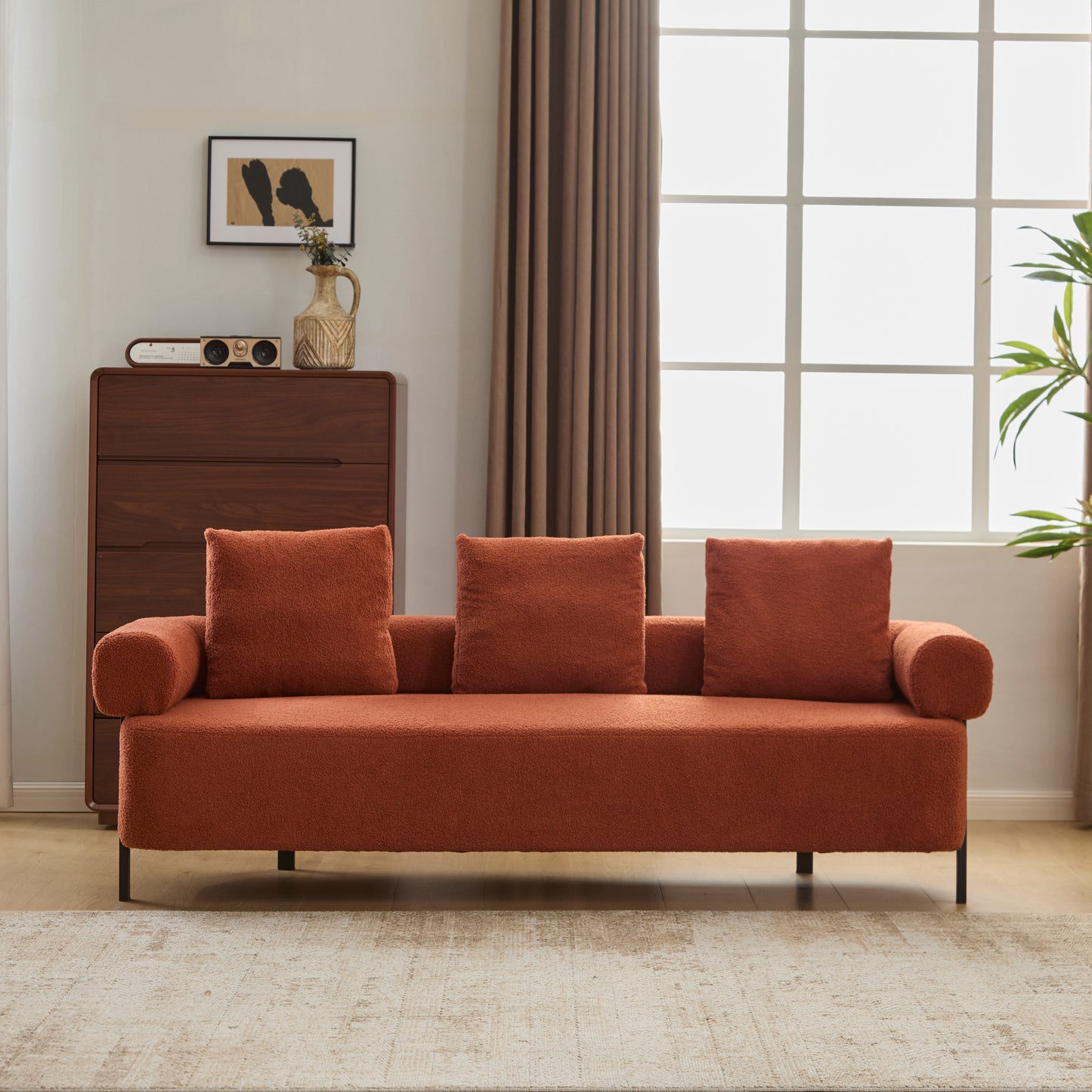 78 Modern 3-Seater Orange Upholstered Sofa, Oversized Comfy Couch