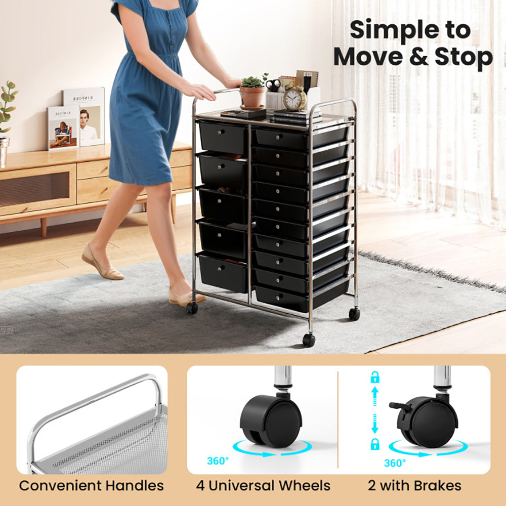 15-Drawer Rolling Storage Cart with Chrome Metal Frame