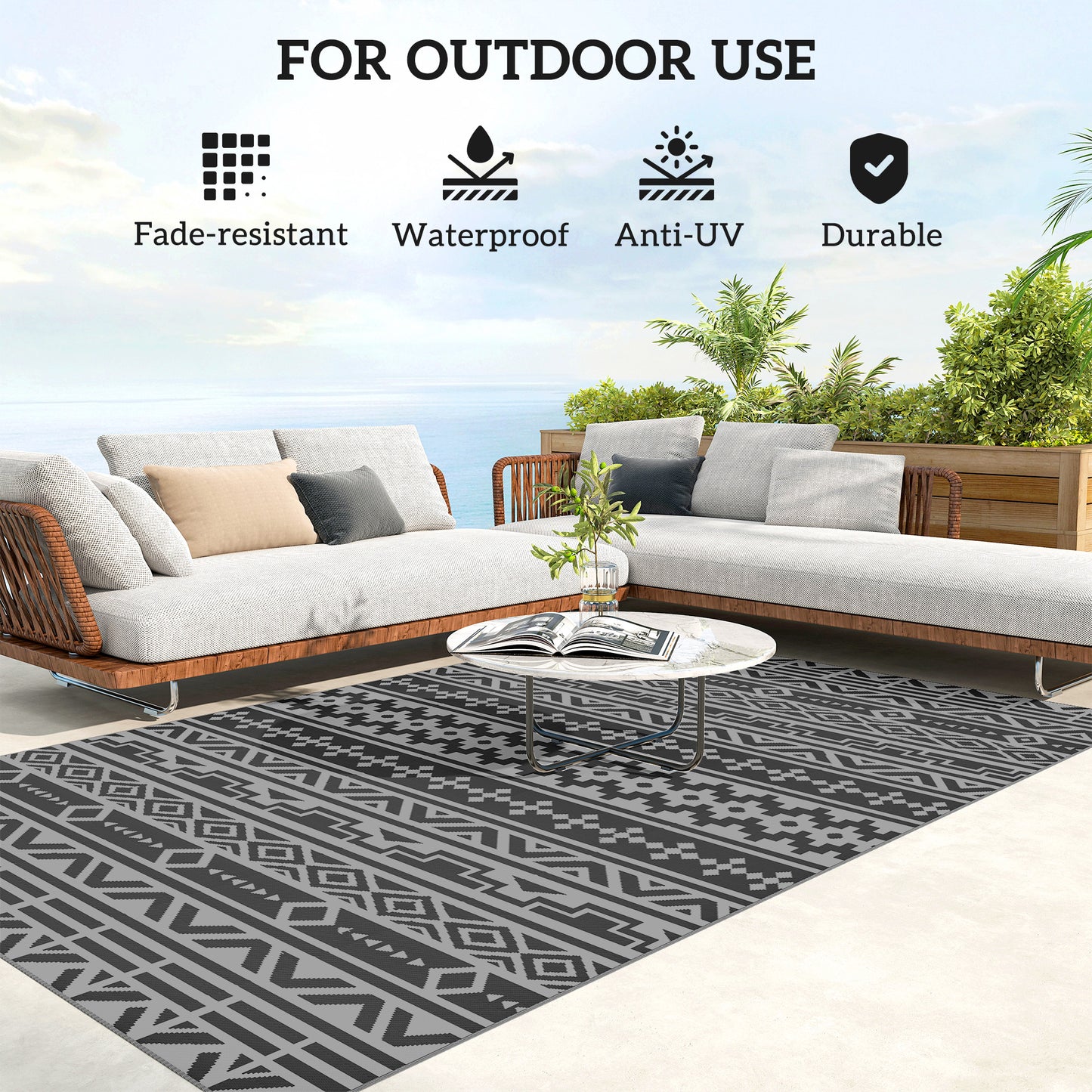 Reversible Outdoor Rug - Waterproof Polypropylene, 6' x 9', Black & Gray Geometric
