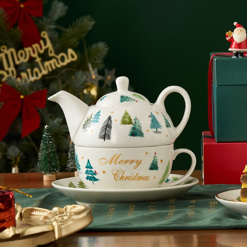 Gift Box Tea Set with Ceramic Teapot & Cups - Gold Plated Snowflake Design, Christmas Gift