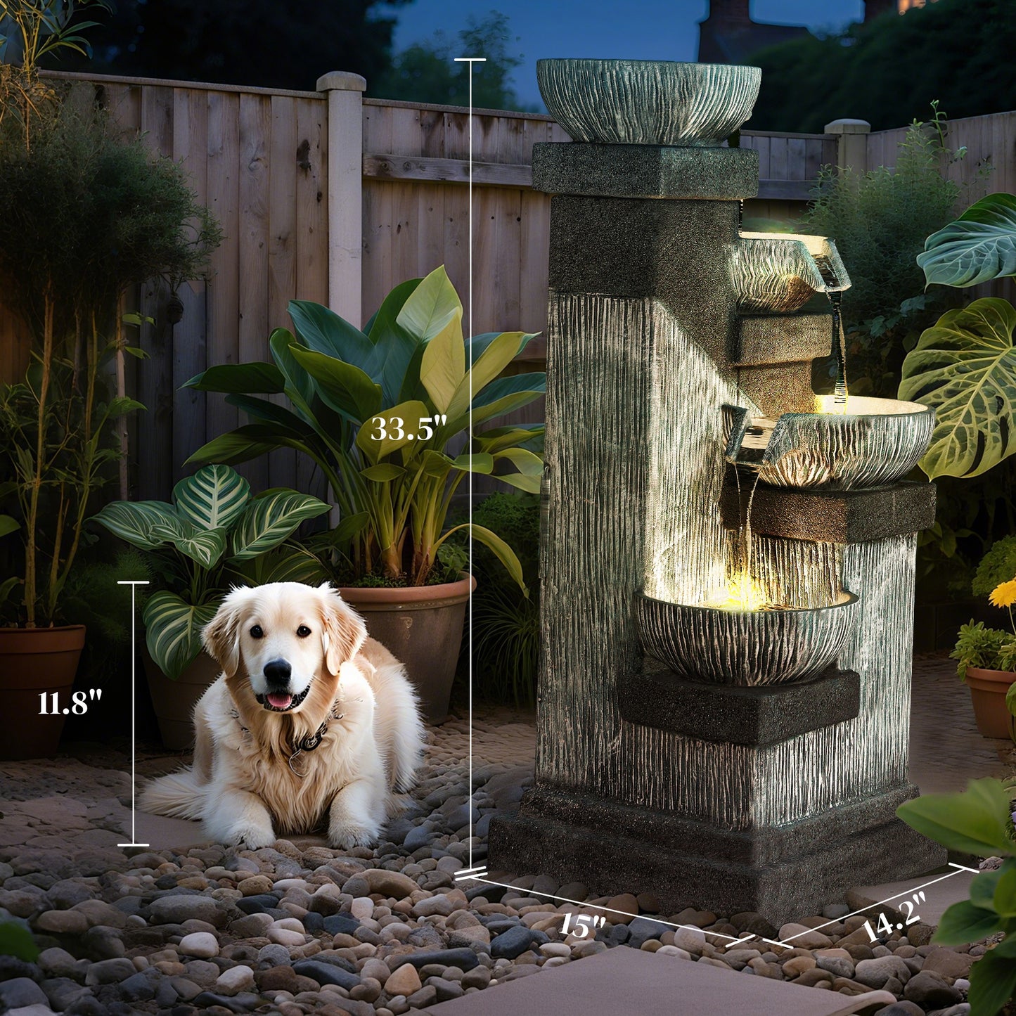33.5-inch Outdoor Water Fountain with LED Lights 4-Tier Cascading Bowls