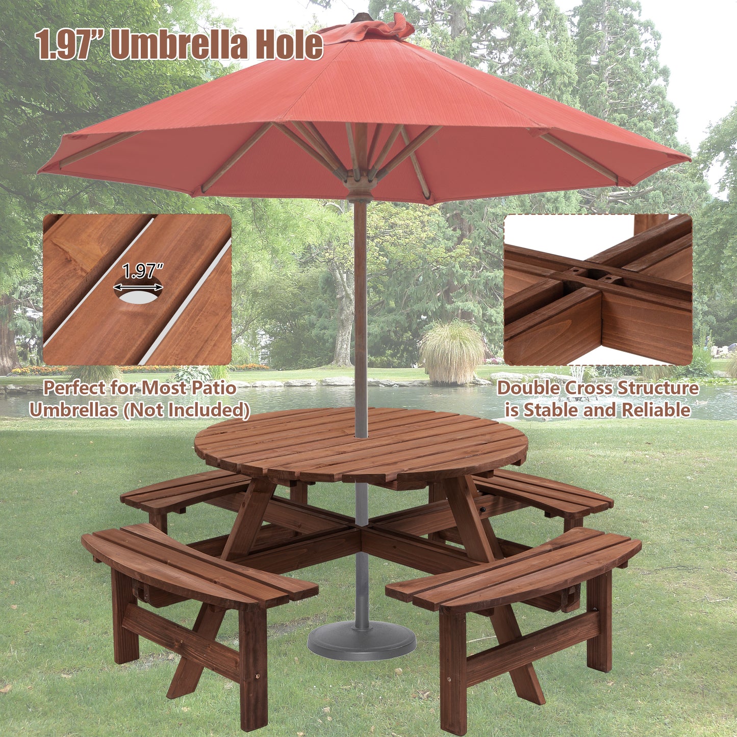 8 Person Wooden Picnic Table, Outdoor Camping Dining Table With Seat,