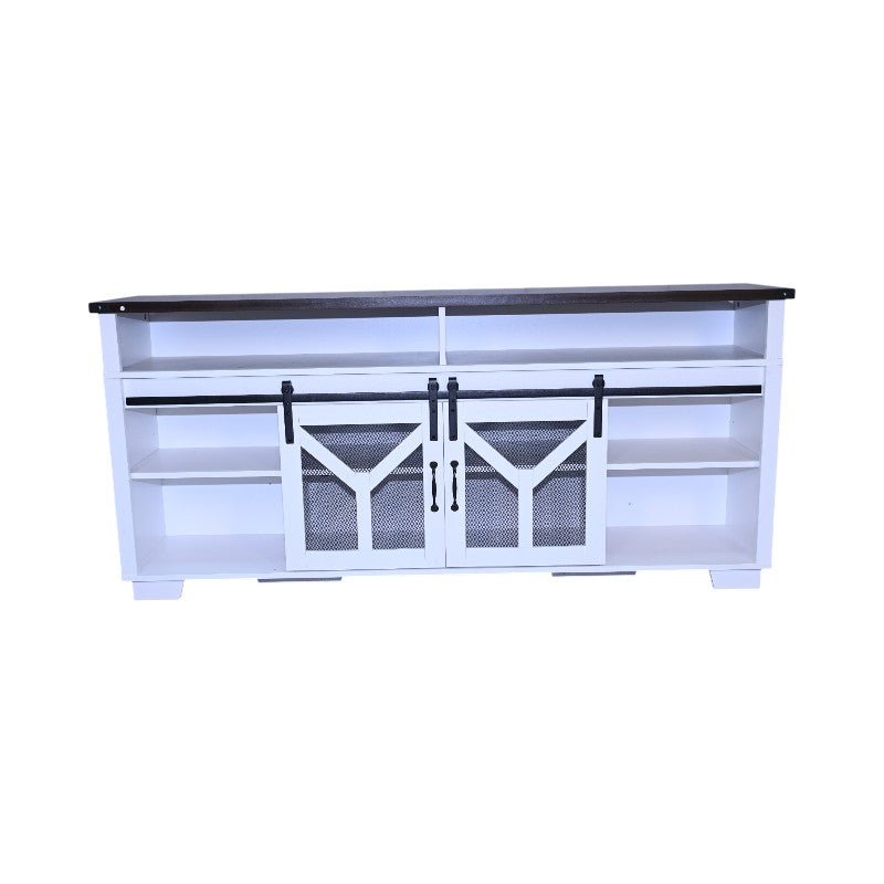 65.3-Inch TV Stand with LED Light Strips and Barn Door - White & Black Walnut