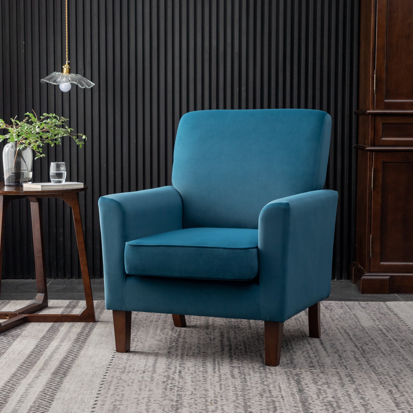 Patterned Polyester Blend Armchair, Solid Birch Wood Frame With Brown