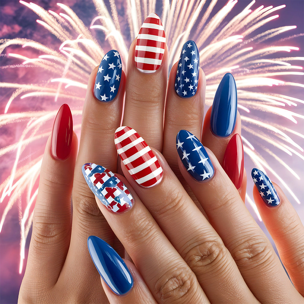 24-Piece Almond-Shaped Acrylic Nail Stickers with Jelly Glue for Manicure, Independence Day Star Pattern