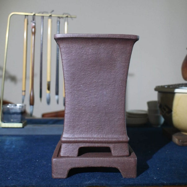 Square Orchid Flower Pot - Handmade Zisha Clay Plant Container with Base