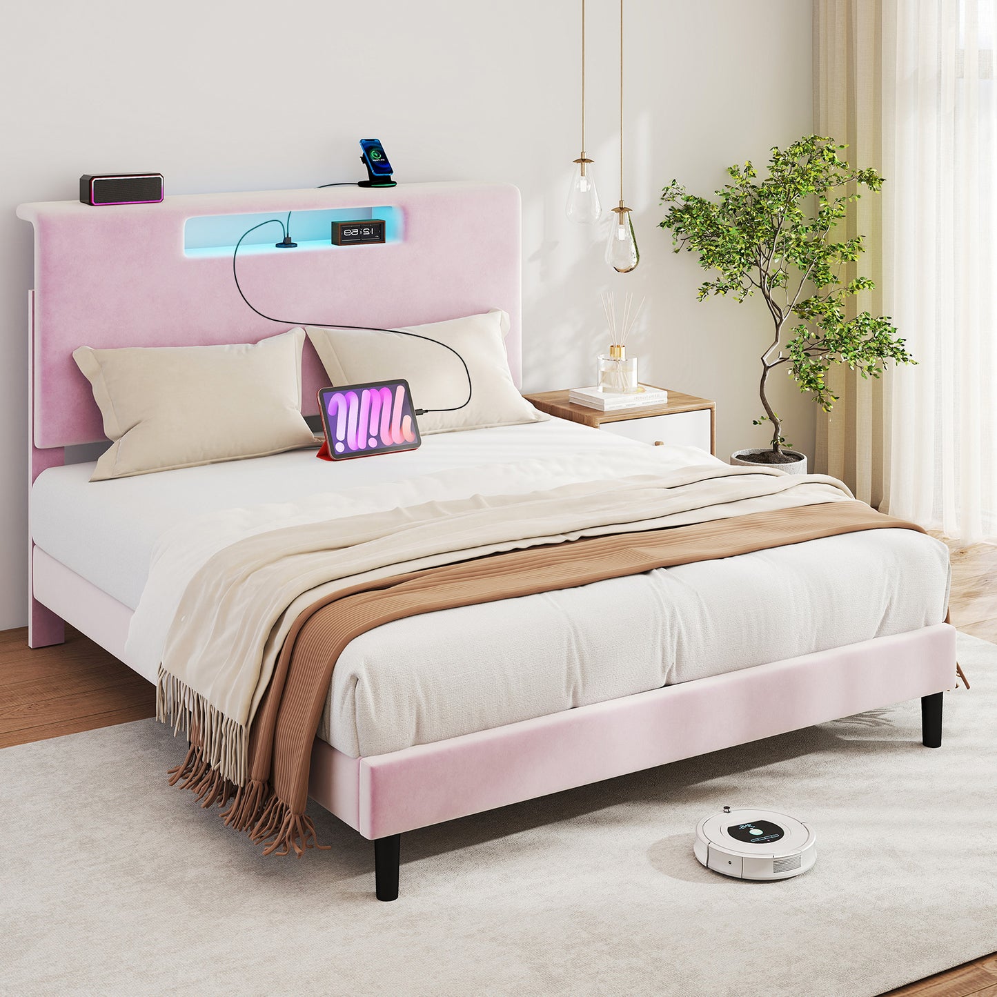 Queen Size Upholstered Bed Frame With High Headboard Adjustable LED