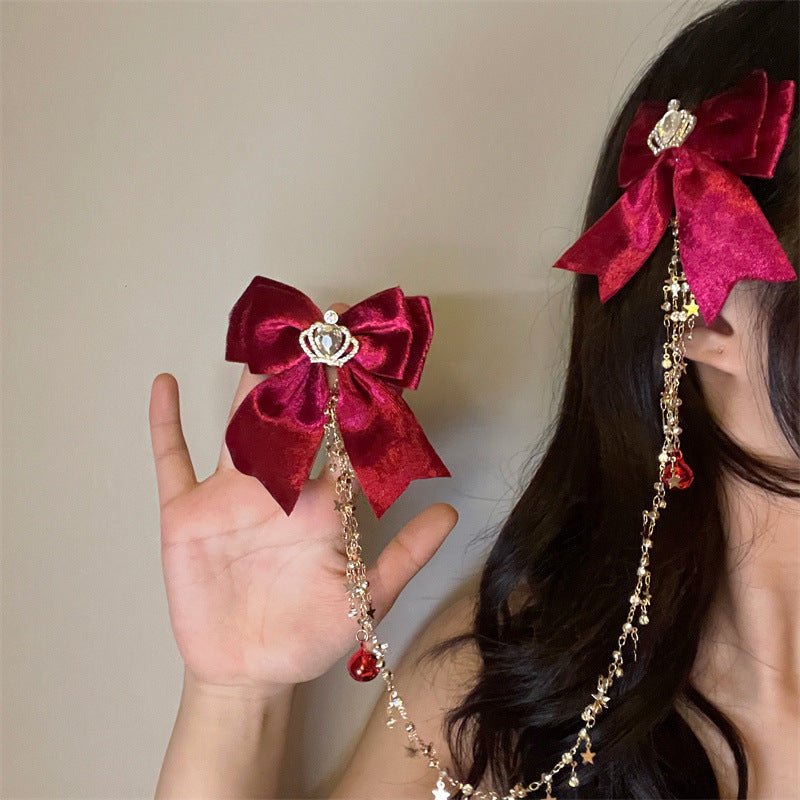 Red Bell Crown Bow Tassel Hair Clip for Women - Handmade Accessory
