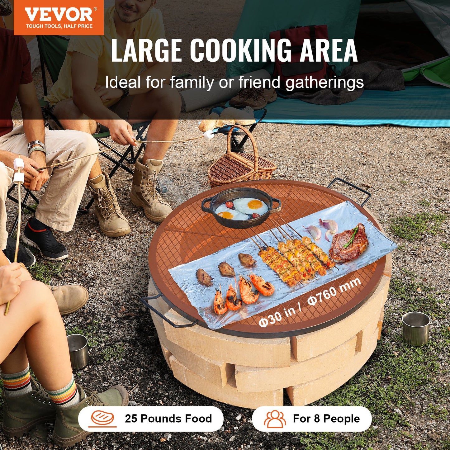 30 Inch Heavy Duty Steel Fire Pit Grill Grate - Portable Camping BBQ Cooking Grid with Handle & Support