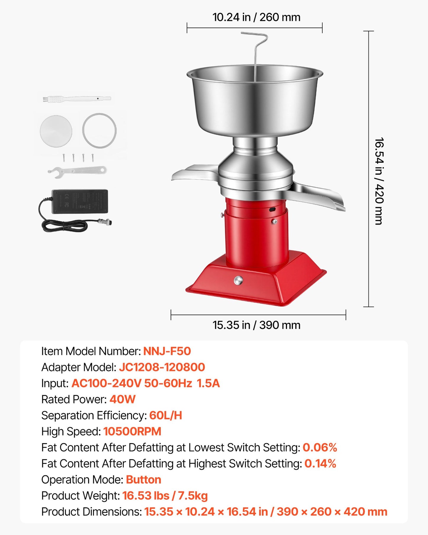 Electric Milk Cream Separator 60L/H Stainless Steel Dairy Machine 10500RPM