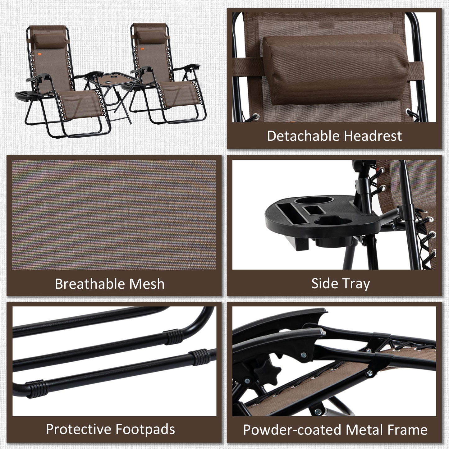 Folding Zero Gravity Chair Set with Side Table & Cupholders - Brown