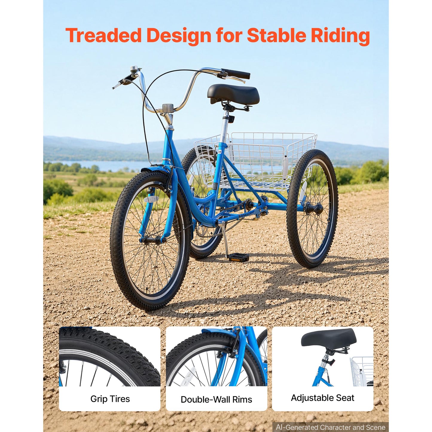 Adult 24 Inch Tricycle with Cargo Basket and Adjustable Seat - Women Men Seniors Cruiser Bike