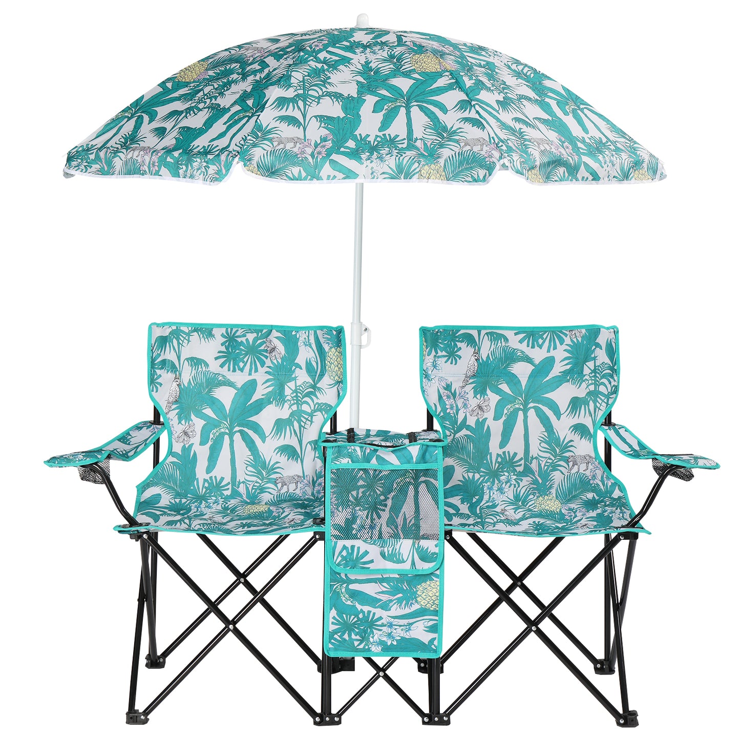 Portable 2-Seat Folding Fishing Chair with Umbrella - Pineapple Pattern