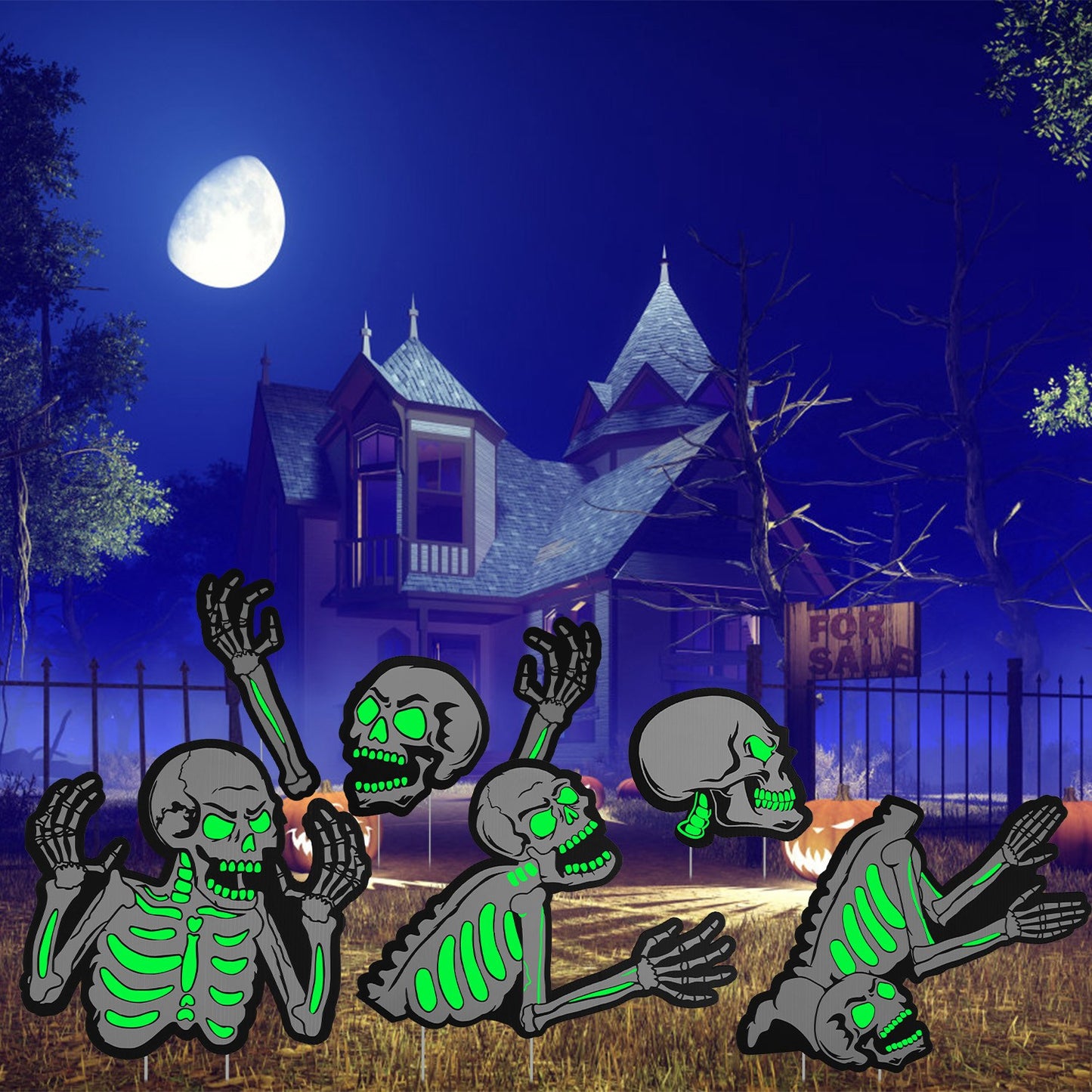 Glow In The Dark Halloween Yard Sign Set - 6 Pcs Skeleton & Cat