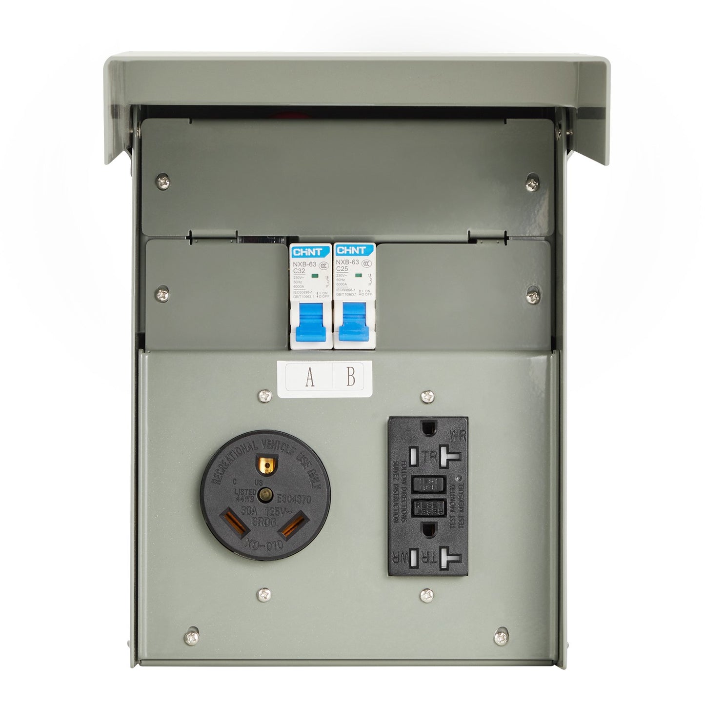 Temporary Power Outlet Panel for RV, 20/30 Amp Electrical Box, Grey