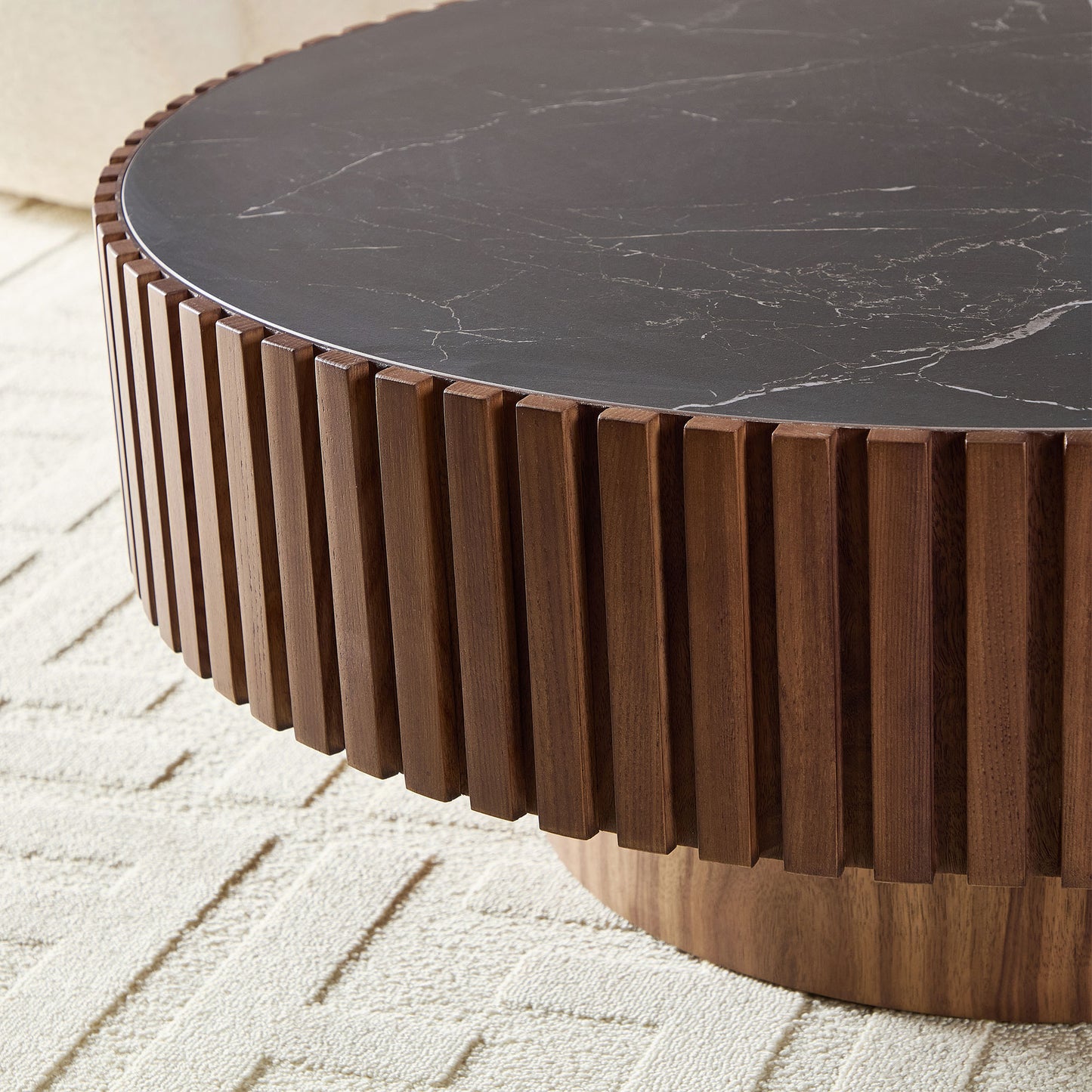 Modern Round Coffee Table with Sintered Stone Top - Walnut
