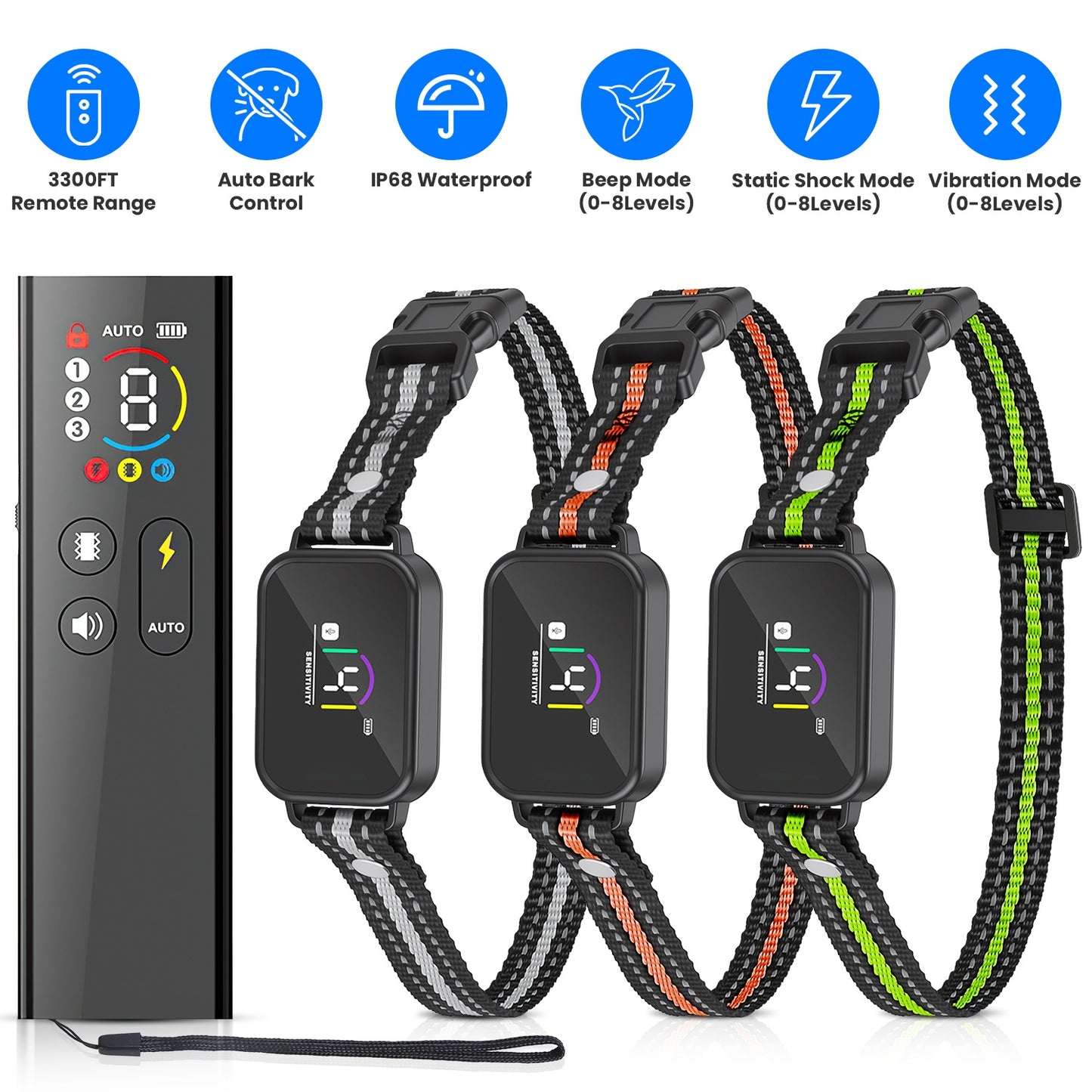 Dog Training Collar with Remote, Bark Control & 3 Channels - Waterproof Rechargeable