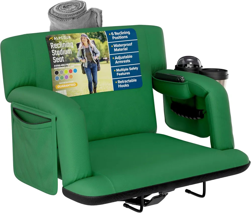 Premium Reclining Stadium Seat with Back Support - Hunter Green, 25" Wide