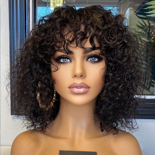 Water Wave Fringe Human Hair Wig with Bangs - Natural Black