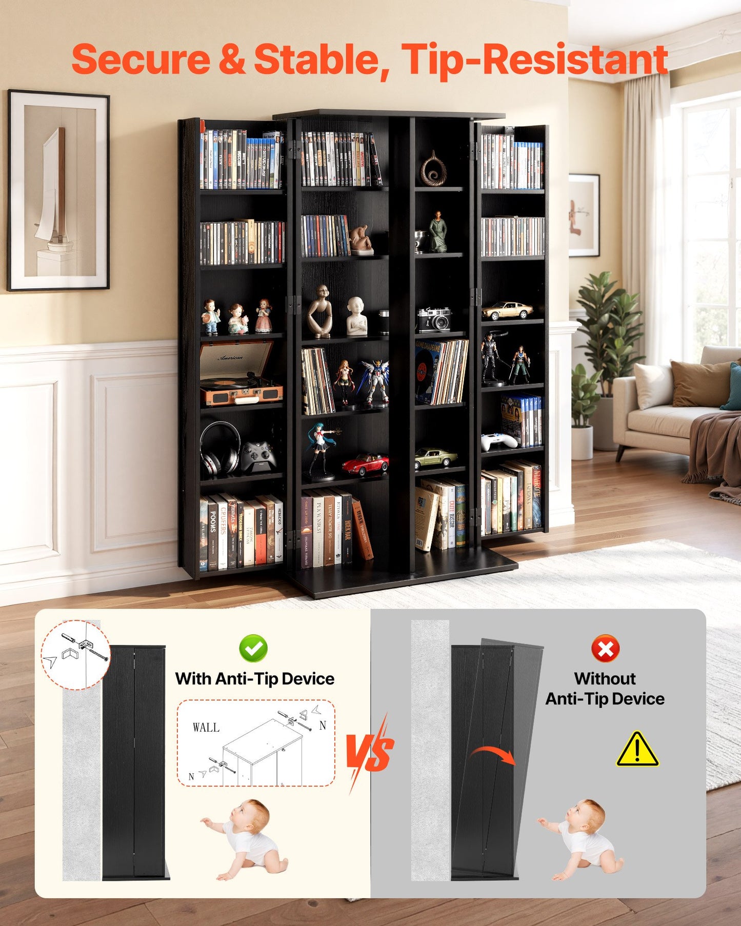 6-Tier Media Storage Cabinet with Doors - DVD & CD Organizer, Black