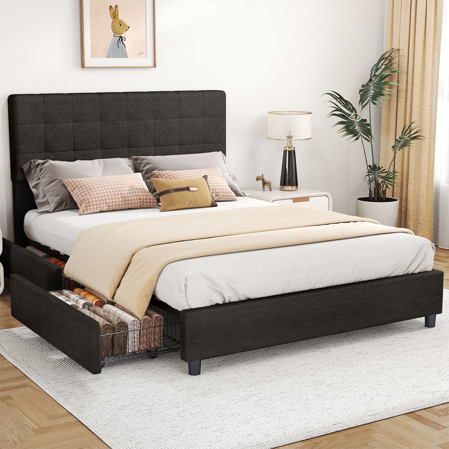 Full Bed Frame Upholstered Vertical Channel Headboard With 4 Storage