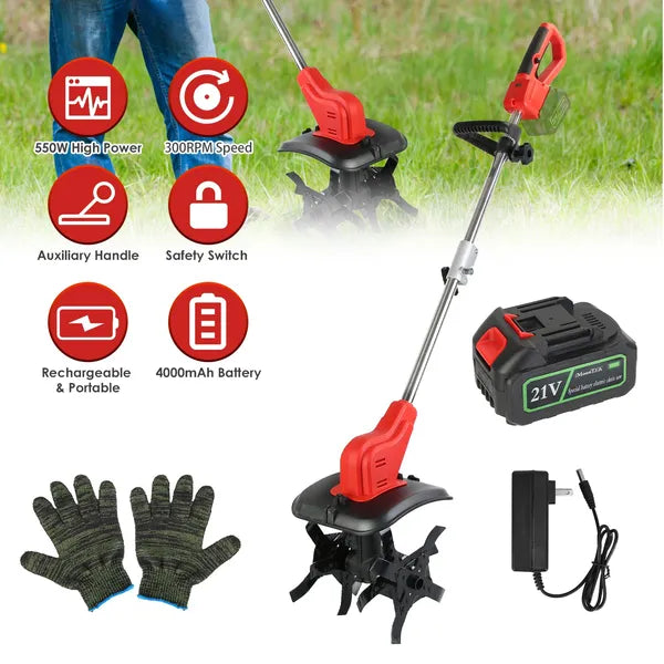 Cordless Electric Garden Tiller Cultivator 21V with 4 Blades & Steel Tines