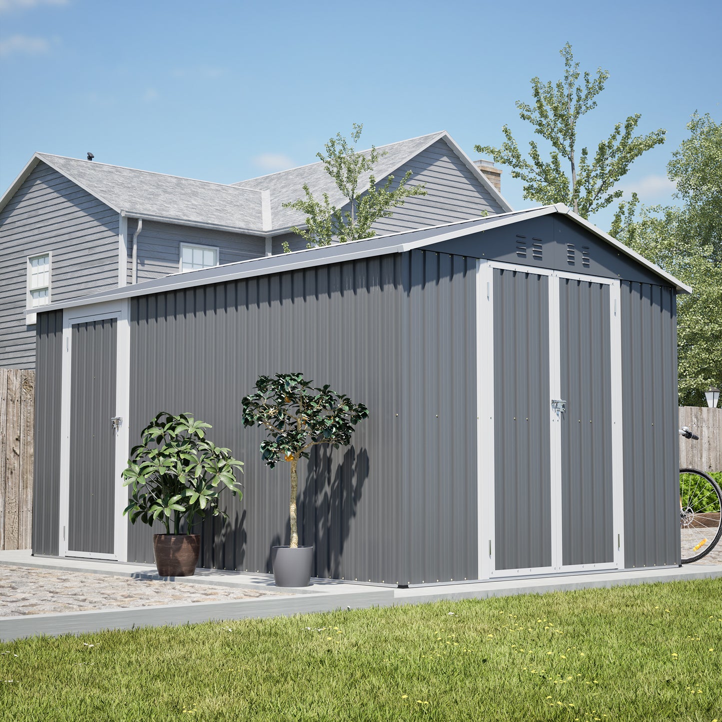 8x12 FT Metal Storage Shed with Side Door - Grey Outdoor Tool Shed