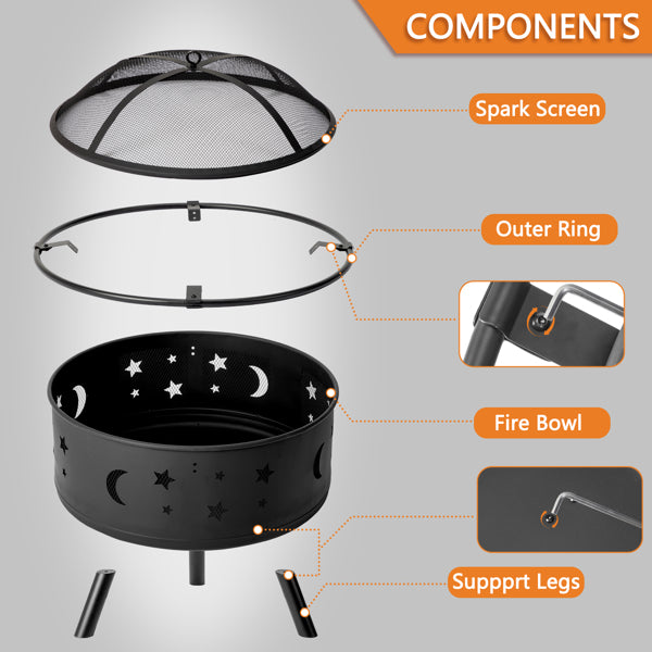 30-Inch Black Metal Fire Pit for Garden and Outdoor Use
