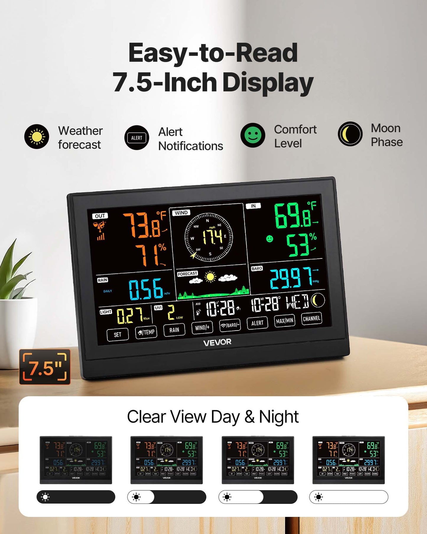 7-in-1 Wireless Weather Station with 7.5-Inch HD Indoor/Outdoor Display