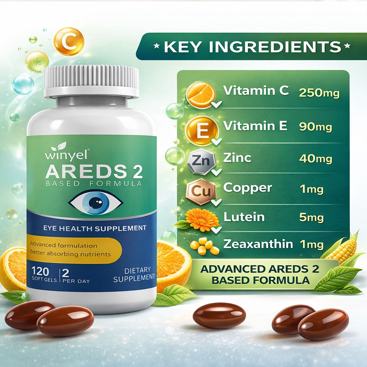 AREDS 2 Eye Vitamin Supplement with Lutein, Zeaxanthin, Zinc & Vitamins