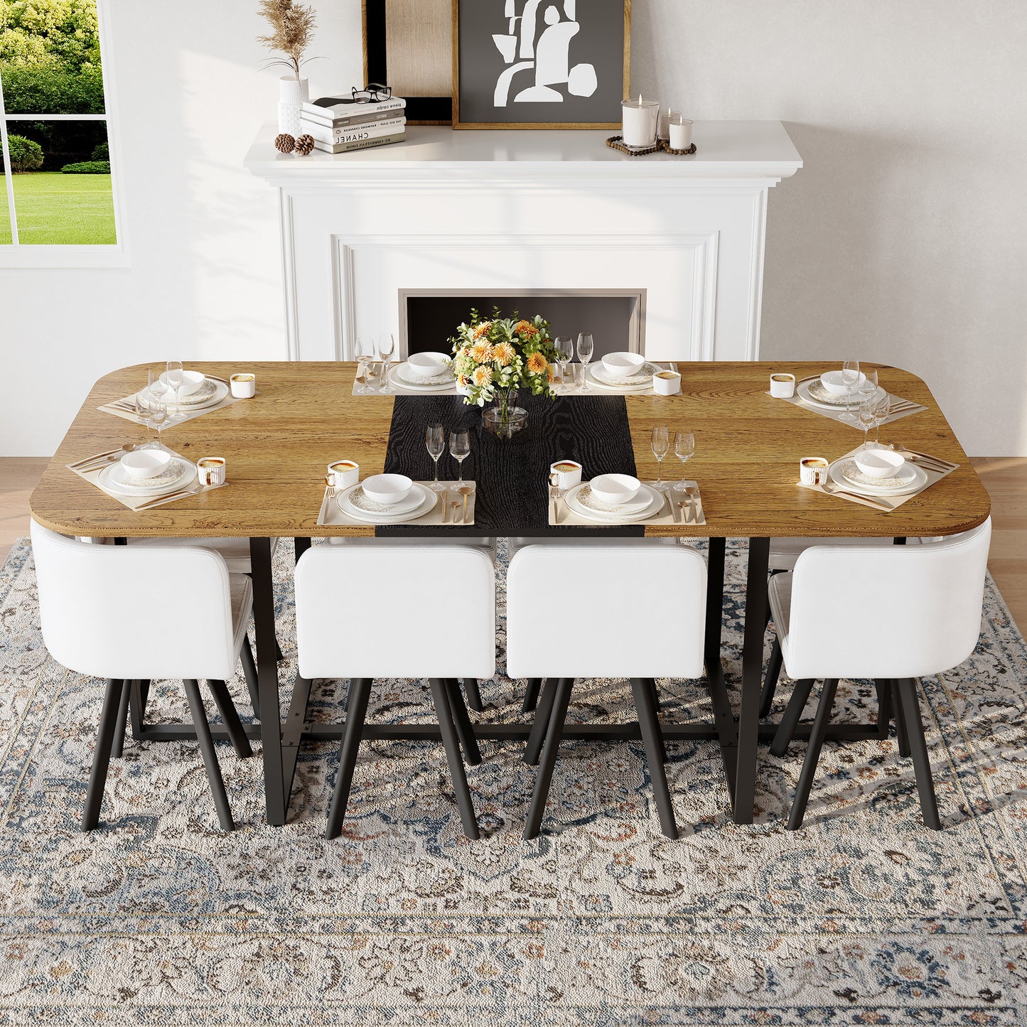 9-Piece Square Dining Table Set, Fixed Two-Tone Wood Grain & Black