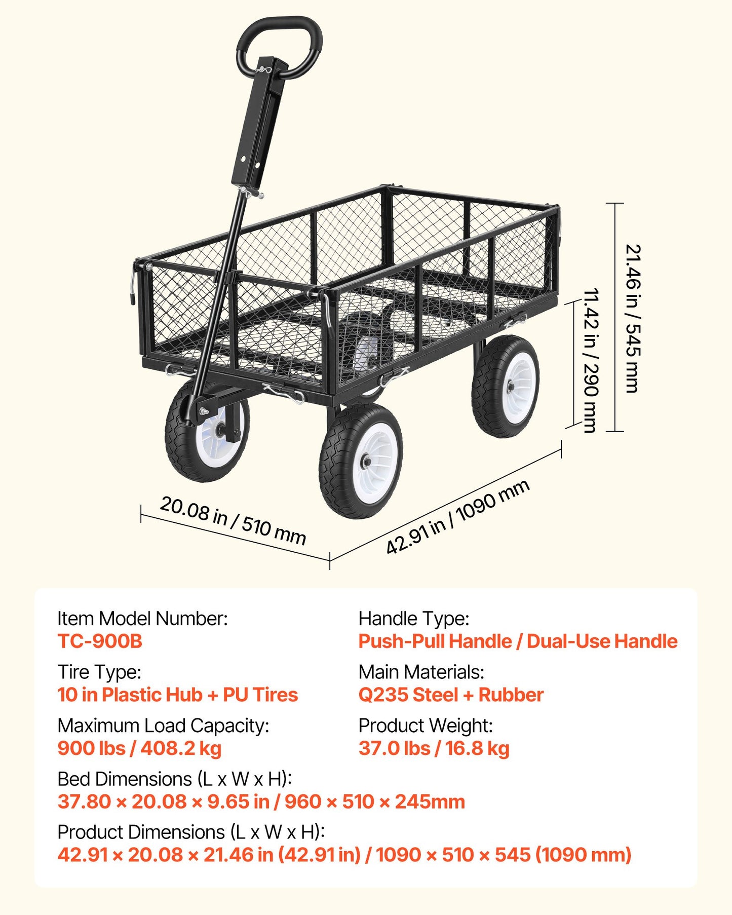 Heavy Duty Garden Cart with Detachable Side Panels and 10-Inch Tires - Black