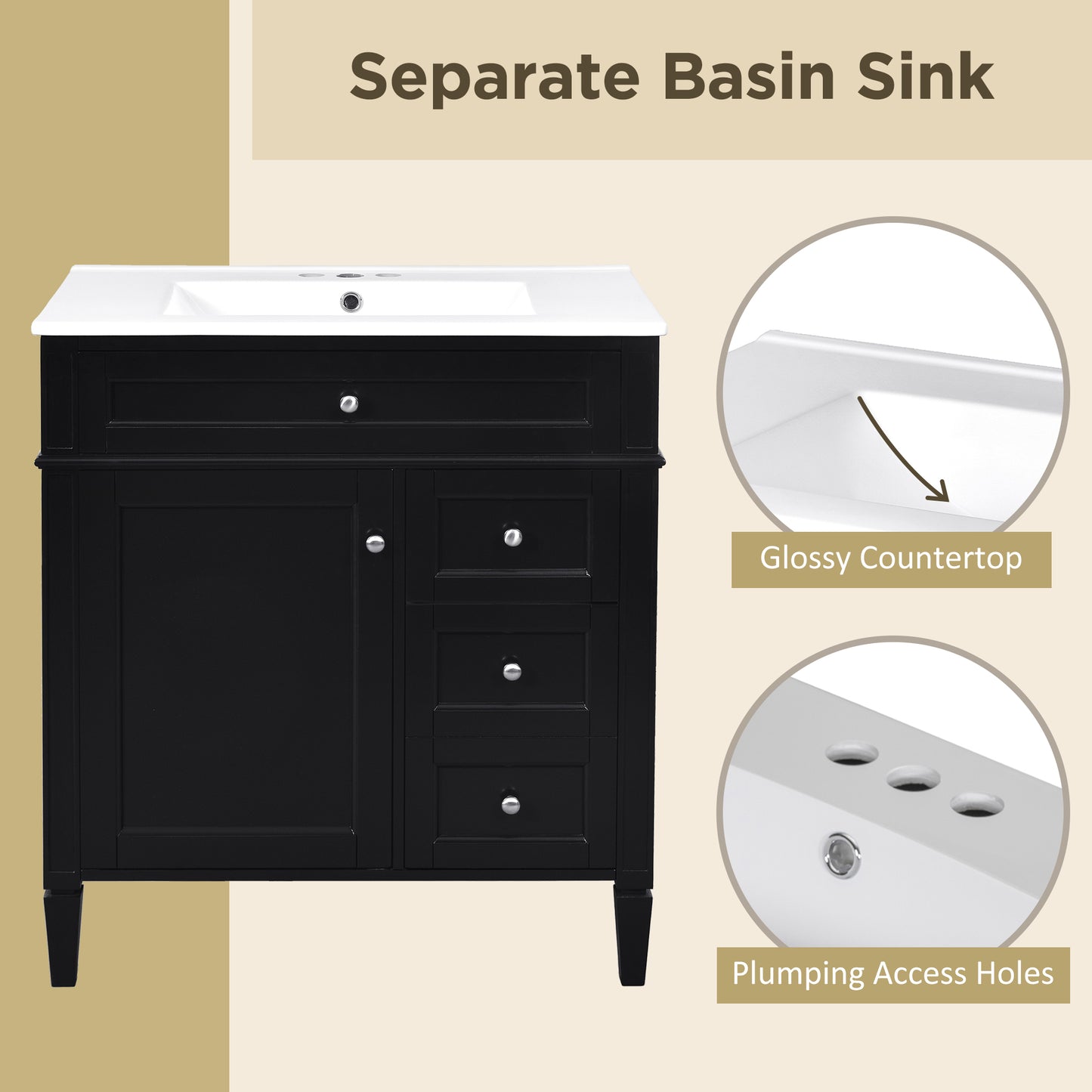 30'' Modern Bathroom Vanity with Sink - Black Storage Cabinet