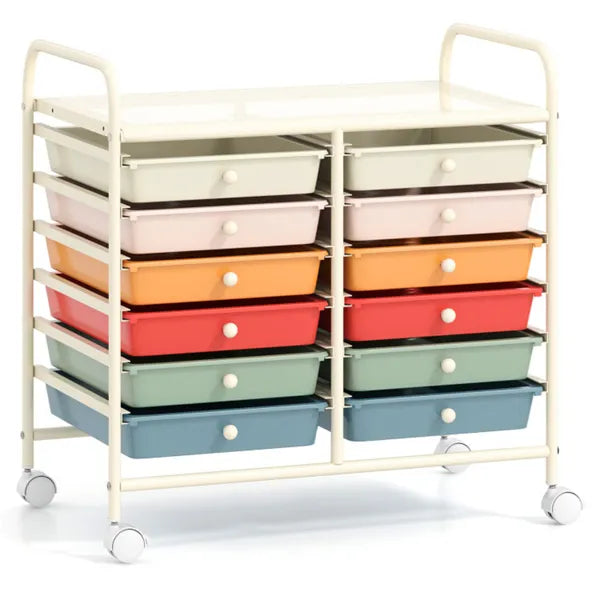 12-Drawer Rolling Storage Cart - 2-Row 10-Storey, Multicolor Drawers,