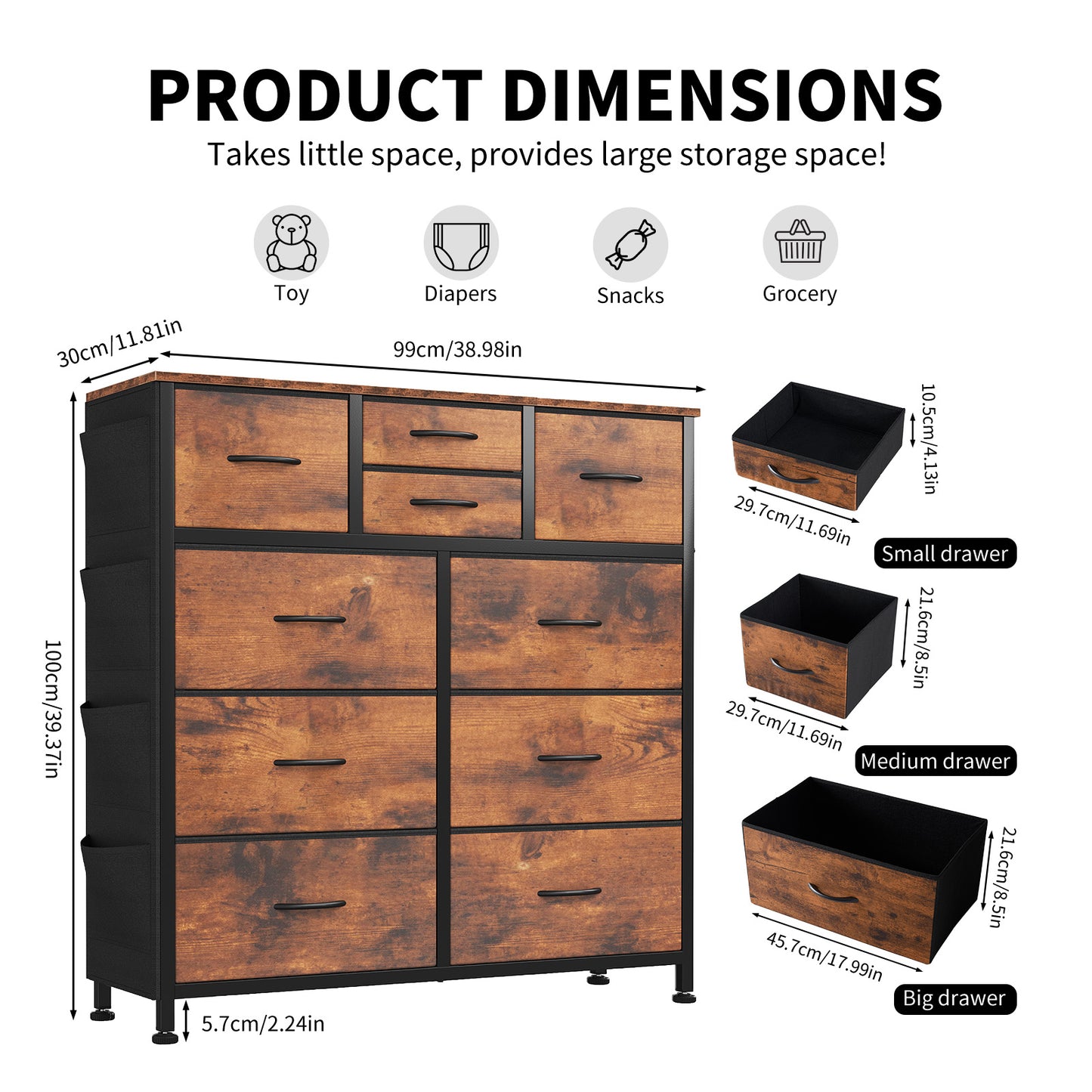 10-Drawer Storage Cabinet with Side Pocket & Hooks - Brown