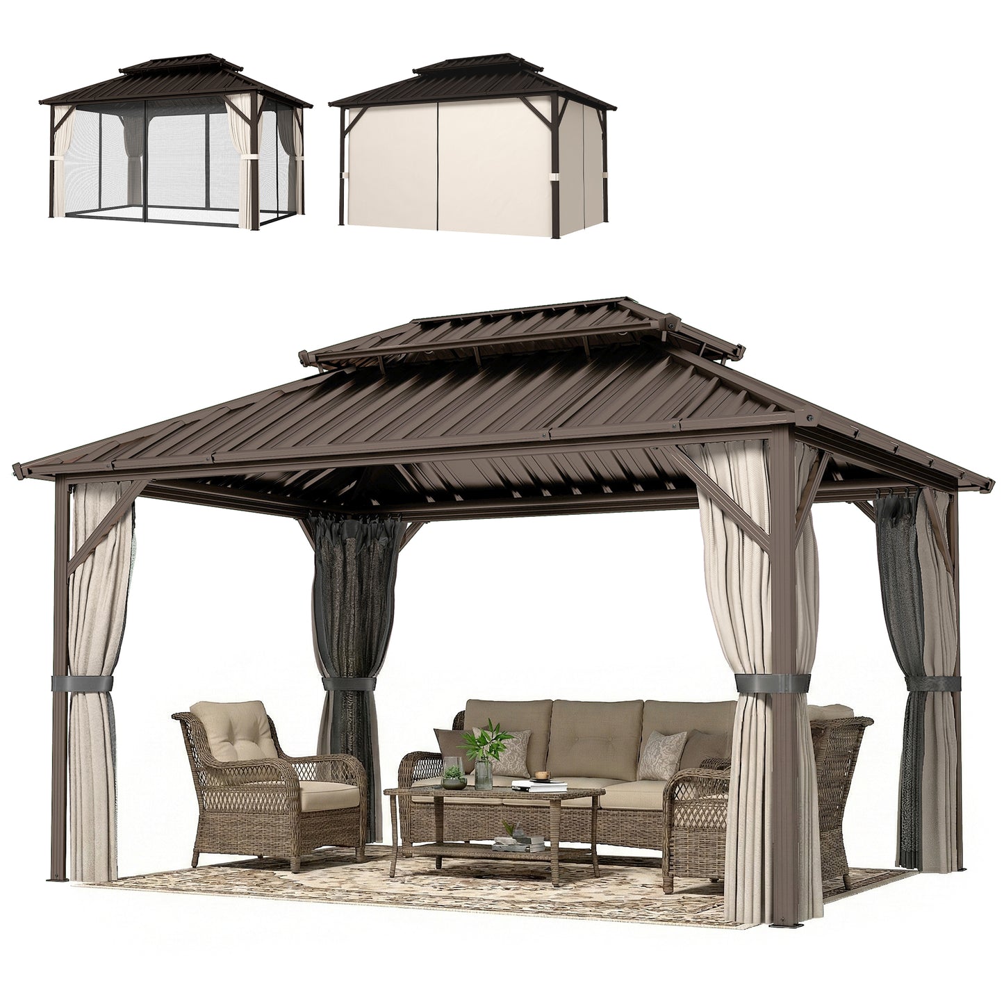 10' x 14' Hardtop Gazebo with Steel Roof Canopy - Brown