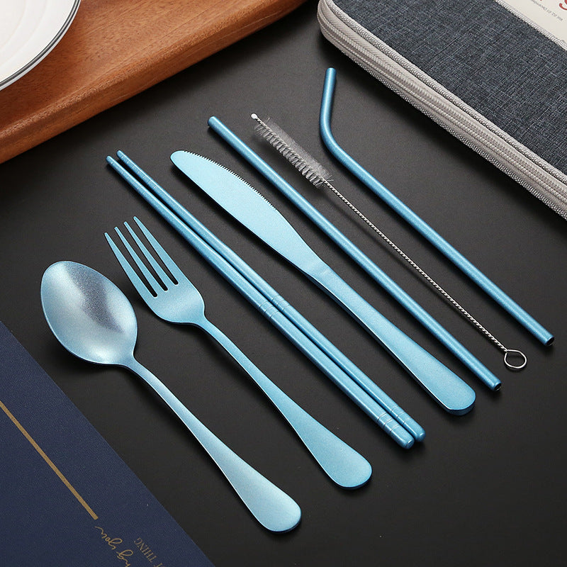 Portable Stainless Steel Cutlery Set - Multi-Color, 8-Piece Travel Dinnerware