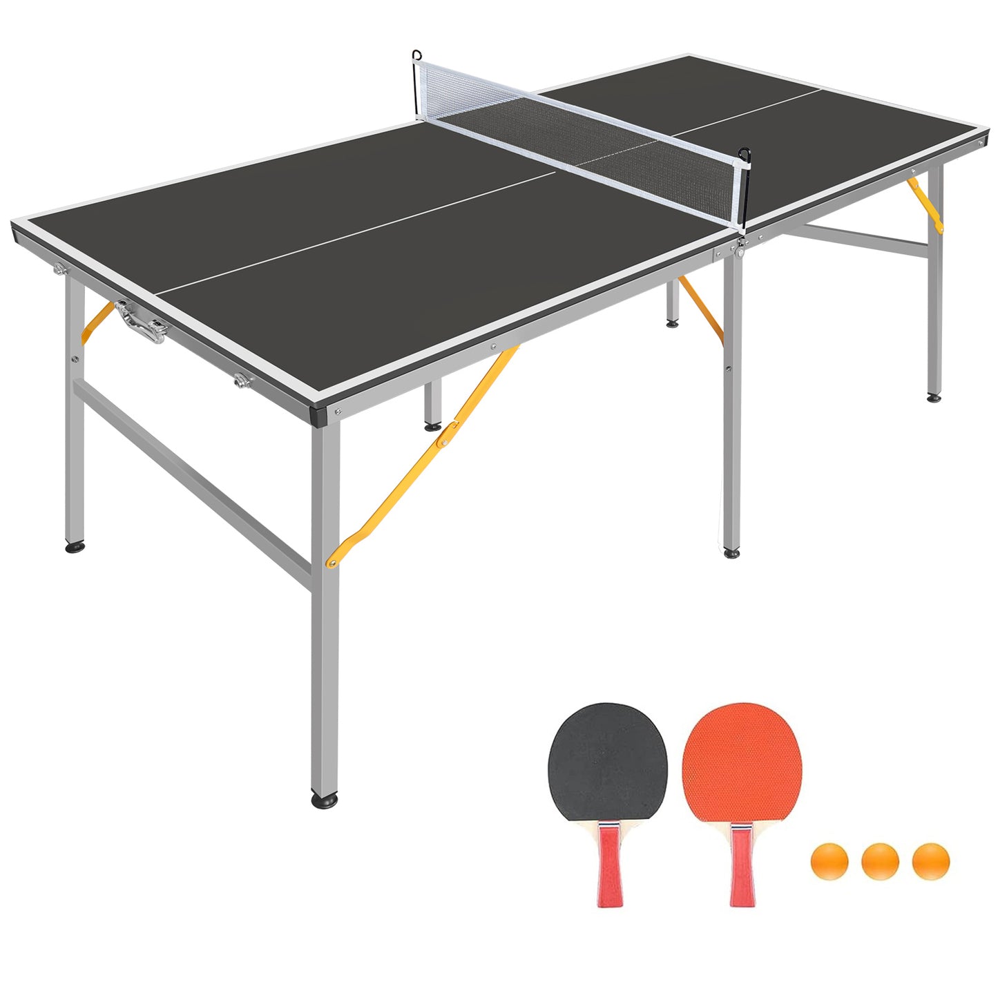 6ft Foldable Black Mid-Size Table Tennis Table Set with Paddles & Balls