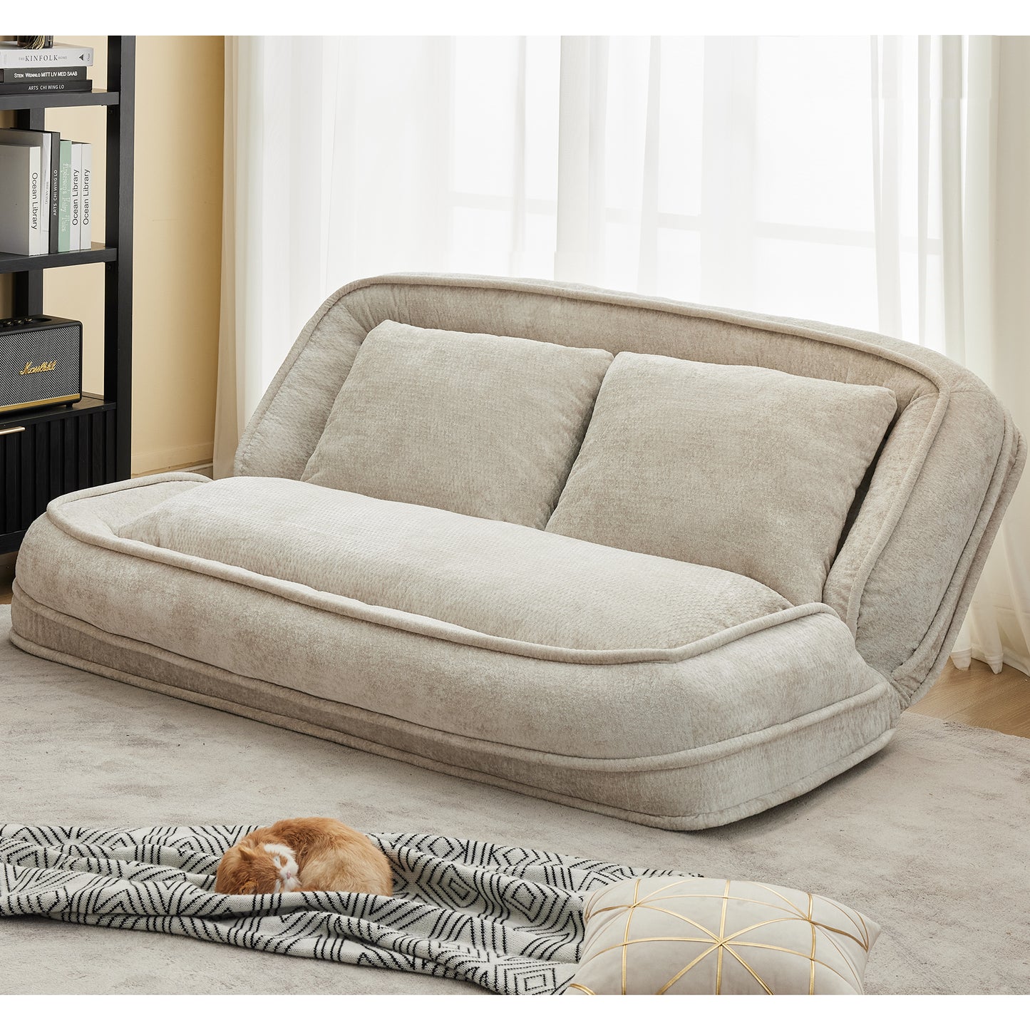 Extra Large Chenille Lazy Sofa Loveseat - Beige 2-in-1 Dog Bed